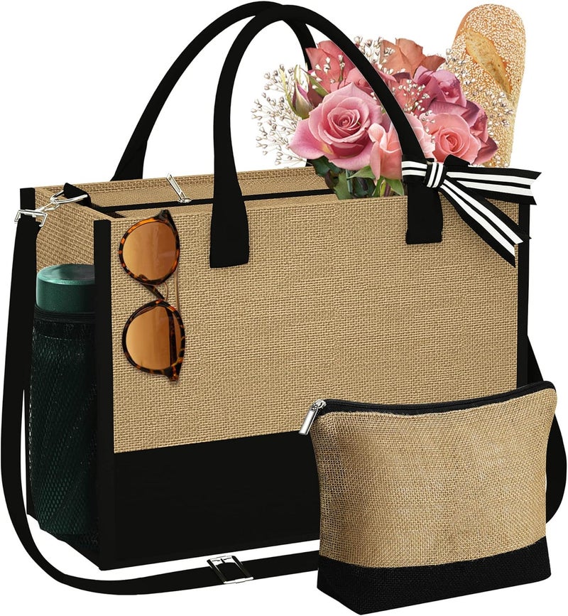 YOOLIFE Gifts for Women - Initial Jute Tote Bag & Makeup Bag, Valentines Day Gifts for Her Teacher Mom Wife Friend Birthday - Image 1